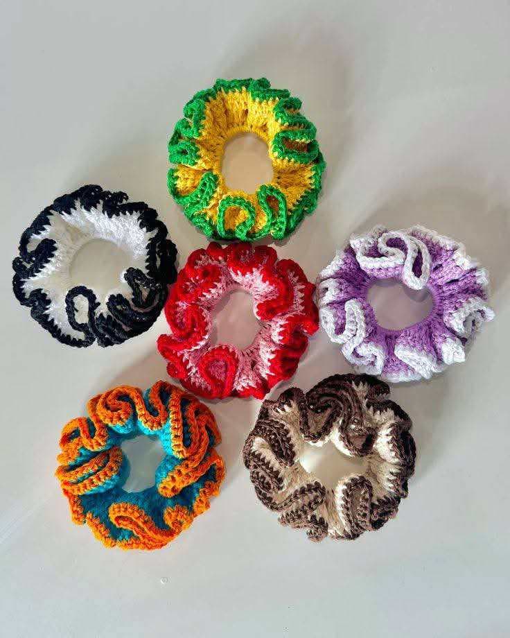 Handmade Kushikata Scrunchies — Crochet Hair Bands Set of 6, Multi-Color