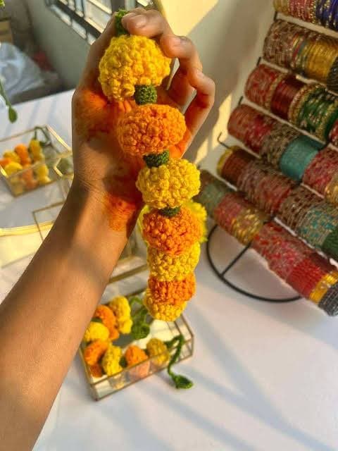 Handmade Kushikata Gada Mala — Crochet Marigold Garland for Wedding & Puja