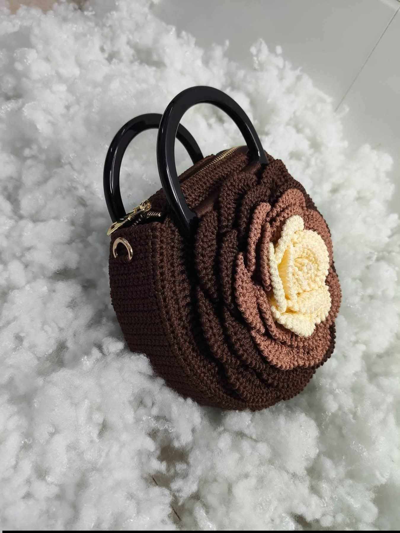 Handmade Kushikata Bag — Crochet Brown Handbag with Rose, Dawat & Evening