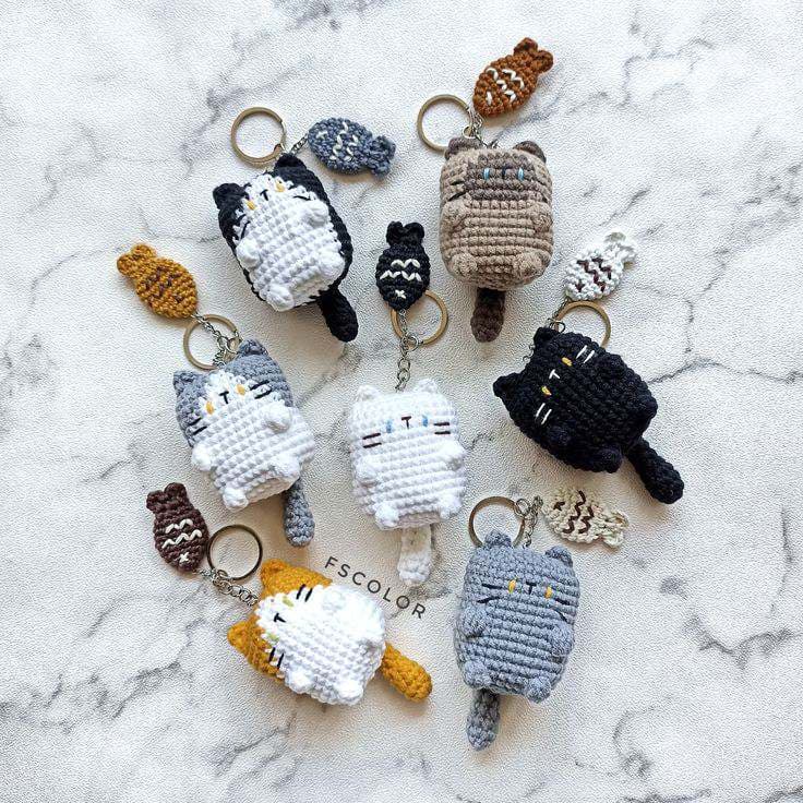 Handmade Kushikata Beral Keychain — Crochet Cat Bag Charm Set of 6