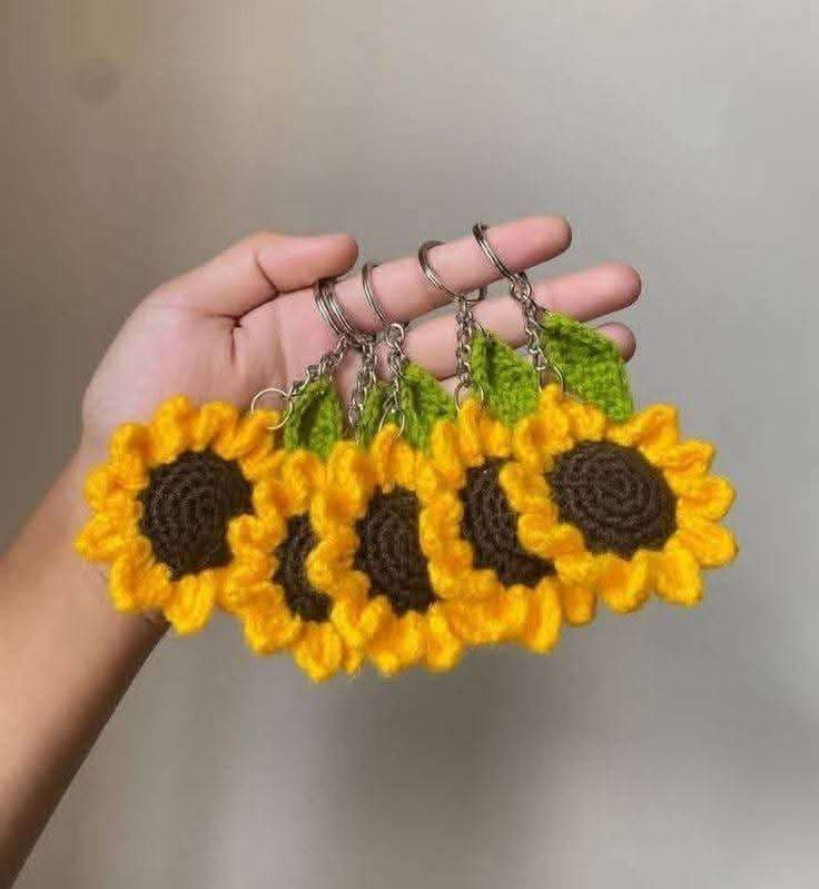 Handmade Kushikata Surjomukhi Keychain — Crochet Sunflower Set of 5 Bag Charms
