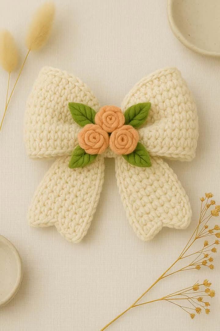 Cream Crochet Bow with Peach Roses — Soft-Style