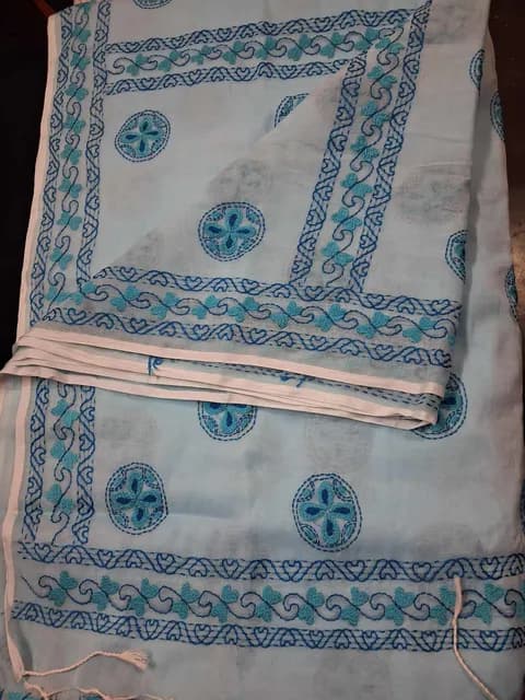 নকশী কাঁথা শাড়ি — হালকা নীল বেস, নীল মেডালিয়ন