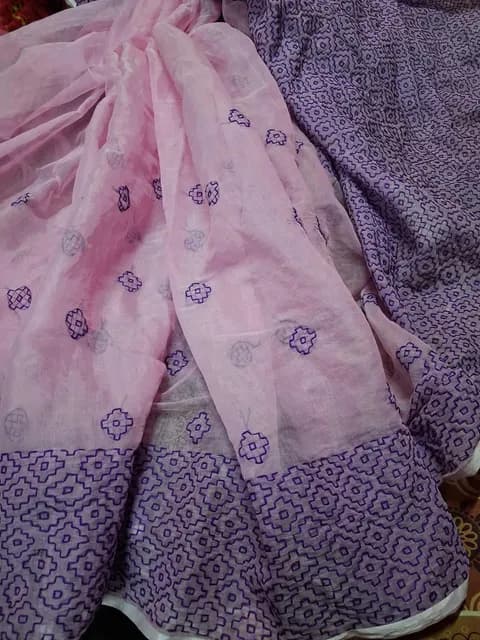 Block-Print Saree — Pink Base with Purple Border
