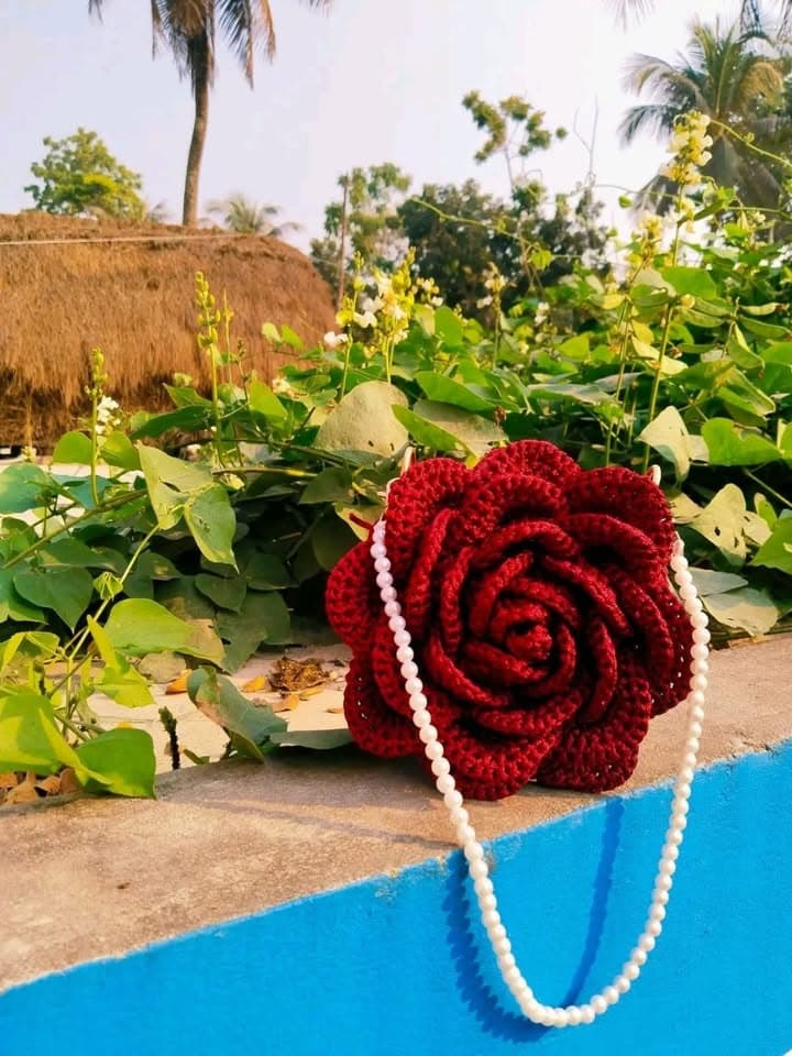 Crochet Rose Handbag with Pearl Handle — Deep Red
