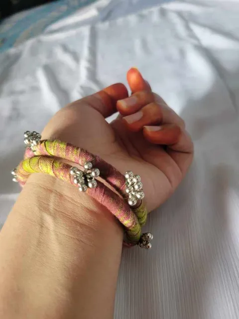 Pink & Green Silk Thread Bangles — Silver Bead Pair