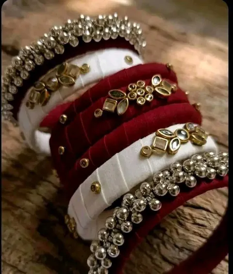 Red & White Silk Thread Bangles — Kundan & Silver Beads